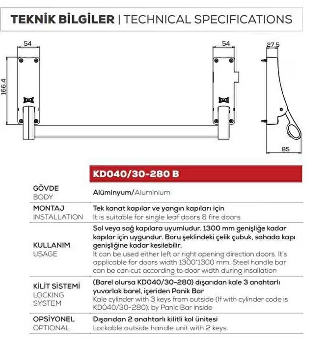 KALE%20PANİK%20BAR%20TEK%20KANATLI%20BARELSİZ%20KD040/30-280B